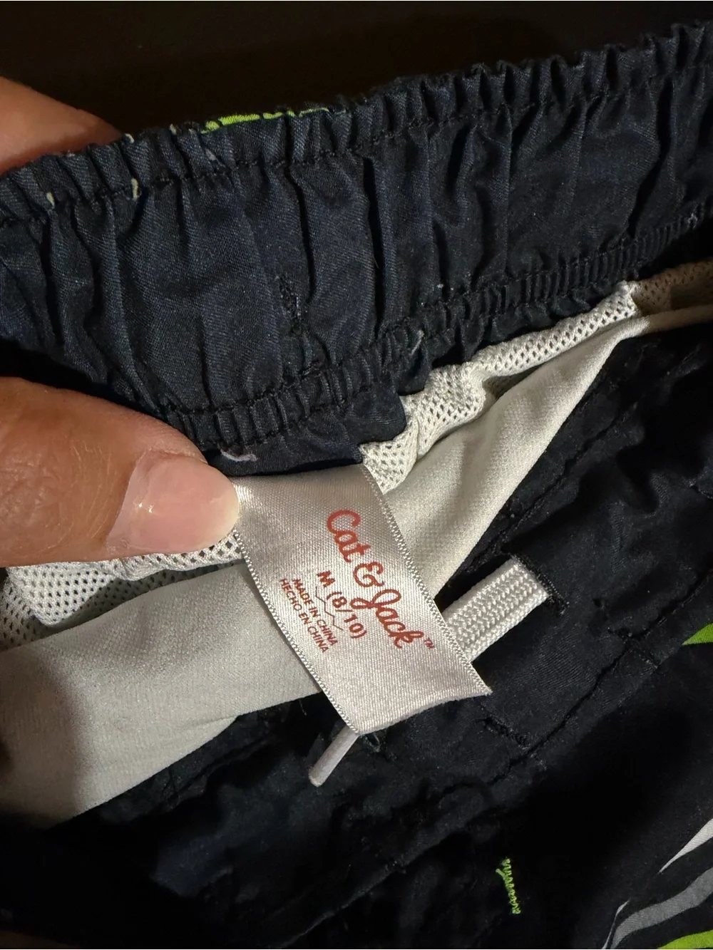 Boys Black Swim Trunks with Lime and White Stripes